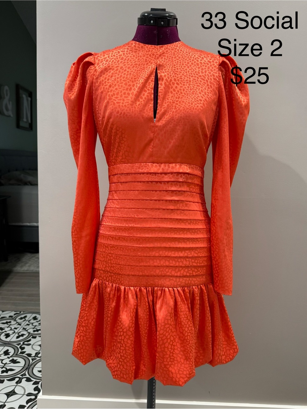 Red Long-Sleeve Pleated Waist Ruffle Hem Dress